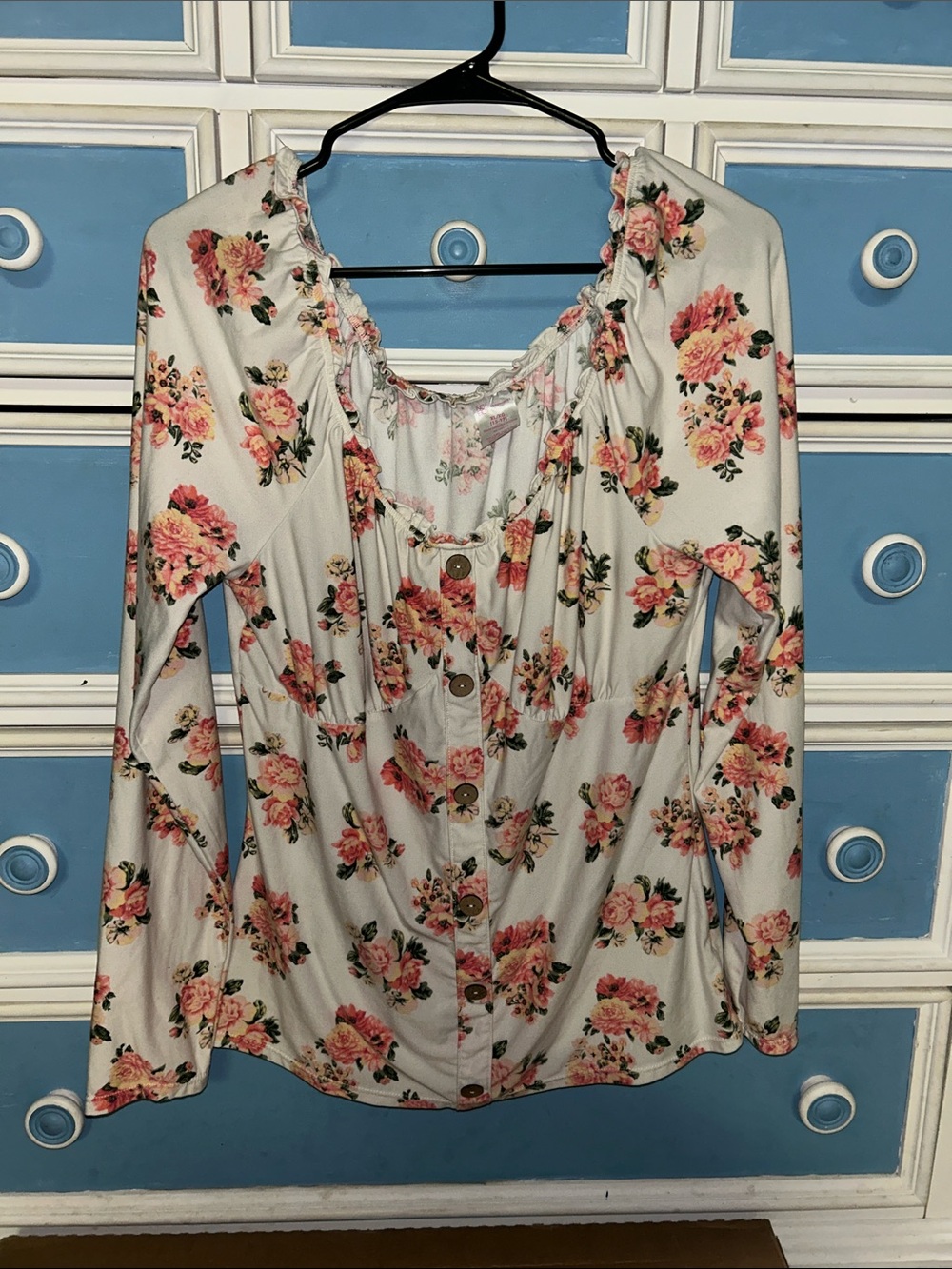 No Boundaries Cream Button-Front Floral Long Sleeve Top with Pink Roses